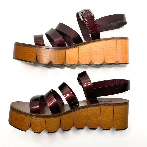Chanel Burgundy Patent Leather CC Logo Wooden Platform Sandals EU 38 US 7-7.5 - Picture 8 of 12